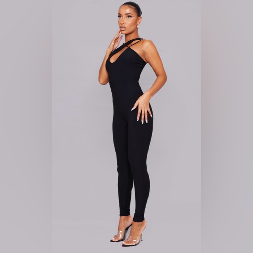 Black Slinky Asymmetric Strap Jumpsuit - Picture 3 of 5